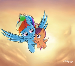 Size: 2000x1777 | Tagged: safe, artist:nobody47, rainbow dash, scootaloo, pegasus, pony, g4, duo, female, flying, scootalove, sky