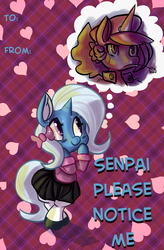 Size: 1841x2800 | Tagged: safe, artist:fauxsquared, princess luna, trixie, pony, luna-afterdark, g4, bipedal, blushing, clothes, cute, faux is gonna kill us all!!!, female, lesbian, luxie, scar, school uniform, schoolgirl, senpai, shipping, skirt, thought bubble, valentine