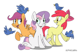 Size: 800x535 | Tagged: safe, artist:spainfischer, apple bloom, scootaloo, sweetie belle, bird, pony, g4, cutie mark crusaders, twitter