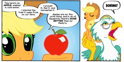 Size: 982x490 | Tagged: safe, artist:carla speed mcneil, idw, applejack, vermouth roux, earth pony, griffon, pony, friends forever #1, g4, my little pony: friends forever, spoiler:comic, apple, that pony sure does love apples, wat