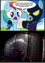 Size: 572x800 | Tagged: safe, nightshade, rainbow dash, kaiju, g4, clothes, costume, dash's little secret, exploitable meme, godzilla, godzilla (series), godzilla 2014, meme, shadowbolts, shadowbolts costume