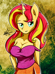 Size: 900x1196 | Tagged: safe, artist:alkalizonian, sunset shimmer, unicorn, anthro, g4, breasts, busty sunset shimmer, cleavage, female, looking at you, solo
