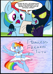 Size: 571x796 | Tagged: safe, artist:madmax, nightshade, rainbow dash, g4, clothes, costume, dash's little secret, exploitable meme, meme, princess tutu, rainbow dash always dresses in style, shadowbolts, shadowbolts costume