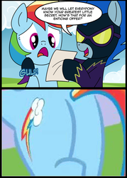 Size: 571x796 | Tagged: safe, nightshade, rainbow dash, pegasus, pony, g4, butt, clothes, costume, dash's little secret, exploitable meme, meme, plot, rainbutt dash, shadowbolts, shadowbolts costume