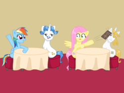 Size: 900x675 | Tagged: safe, artist:ydenne, fancypants, fluttershy, prince blueblood, rainbow dash, g4, blueshy, chair, eyes closed, fancydash, female, frown, gritted teeth, male, open mouth, restaurant, scared, shipping, sitting, smiling, spread wings, straight, surprised, waving
