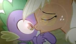 Size: 1067x619 | Tagged: safe, applejack, spike, bat, g4, female, lens flare, male, ship:applespike, shipping, straight