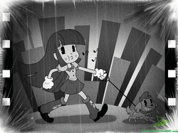 Size: 1075x804 | Tagged: safe, artist:the-butch-x, spike, twilight sparkle, dog, equestria girls, g4, black and white cartoon, clothes, disney, duo, gloves, leash, monochrome, old timey, pac-man eyes, retro, rubber hose animation, spike the dog, steamboat willie, whistling