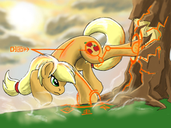 Size: 6000x4500 | Tagged: safe, artist:doomsp0rk, applejack, earth pony, pony, g4, absurd resolution, bucking, earth pony magic, female, kicking, mare, missing accessory, solo, tree