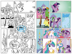 Size: 1392x1046 | Tagged: safe, artist:thom zahler, idw, princess celestia, spike, twilight sparkle, alicorn, dragon, pony, unicorn, g4, background pony, comic, comparison, dragons riding ponies, faic, female, lineart, male, mare, riding, spike riding twilight