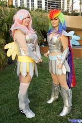 Size: 1365x2048 | Tagged: safe, artist:ladymella, fluttershy, rainbow dash, human, g4, belly button, cosplay, irl, irl human, photo