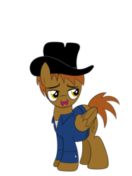 Size: 774x1032 | Tagged: safe, artist:drawponies, oc, oc only, oc:calamity, pegasus, pony, fallout equestria, dashite, fanfic, fanfic art, hat, hooves, male, open mouth, sly look, solo, stallion, wings