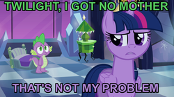 Size: 922x518 | Tagged: safe, spike, twilight sparkle, alicorn, pony, g4, drama, female, image macro, mare, purple text, spikeabuse, twilight sparkle (alicorn)