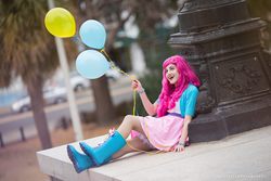 Size: 2000x1333 | Tagged: safe, artist:sarahndipity cosplay, pinkie pie, human, equestria girls, g4, balloon, boots, clothes, cosplay, costume, high heel boots, irl, irl human, photo, solo
