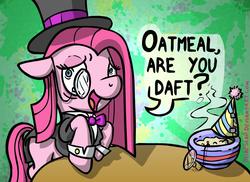 Size: 1528x1111 | Tagged: safe, artist:blimpslap, pinkie pie, g4, party of one, clothes, fancy, female, hat, monocle, oatmeal, oatmeal are you crazy, pinkamena diane pie, scene parody, solo, table, top hat, tuxedo