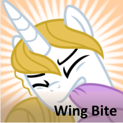 Size: 251x250 | Tagged: safe, artist:dzmaylon, prince blueblood, g4, meta, spoiler tag, spoilered image joke, wing bite