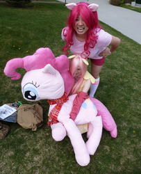 Size: 810x1000 | Tagged: safe, artist:kitara88, fluttershy, pinkie pie, human, g4, cosplay, giant plushie, irl, irl human, outdoors, photo, plushie