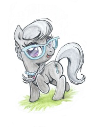 Size: 768x1024 | Tagged: safe, artist:almaska, silver spoon, earth pony, pony, g4, cute, female, glasses, grass, looking at you, open mouth, raised hoof, raised leg, smiling, solo