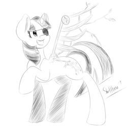 Size: 2000x2000 | Tagged: safe, artist:shelltoon, twilight sparkle, g4, eyepatch, female, monochrome, pegwing, sketch, solo, wings