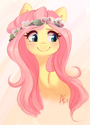 Size: 1131x1558 | Tagged: safe, artist:spittfireart, fluttershy, pony, g4, blushing, female, floral head wreath, flower, mare, portrait, smiling, solo