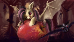 Size: 3000x1688 | Tagged: safe, artist:foxtailpegasus, fluttershy, bat, bat pony, pony, vampire fruit bat, bats!, g4, apple, emoshy, female, flutterbat, giant apple, race swap, solo