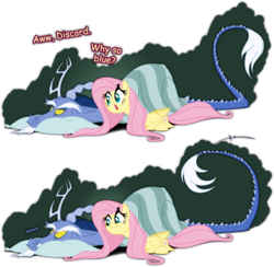 Size: 1354x1320 | Tagged: safe, artist:grievousfan, discord, fluttershy, draconequus, pegasus, pony, g4, three's a crowd, annoyed, blanket, blue flu, dialogue, fangs, female, gritted teeth, looking at each other, male, mare, open mouth, pillow, prone, pun, scene parody, sick, simple background, smiling, teasing, transparent background