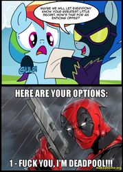 Size: 571x796 | Tagged: safe, artist:madmax, nightshade, rainbow dash, g4, clothes, costume, dash's little secret, deadpool, exploitable meme, gun, marvel, meme, shadowbolts, shadowbolts costume, weapon