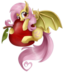 Size: 2786x3172 | Tagged: safe, artist:pridark, fluttershy, bat pony, pony, bats!, g4, apple, cute, female, flutterbat, race swap, shyabates, shyabetes, simple background, solo, that pony sure does love apples, transparent background