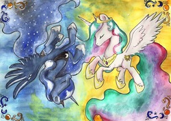 Size: 1280x904 | Tagged: safe, artist:nightrosi, princess celestia, princess luna, g4, traditional art