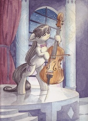 Size: 5026x6866 | Tagged: safe, artist:the-wizard-of-art, octavia melody, earth pony, pony, g4, absurd resolution, bipedal, bow (instrument), cello, cello bow, featured image, female, floppy ears, fluffy, hoof hold, mare, musical instrument, sad, smiling, solo, traditional art, watercolor painting, window