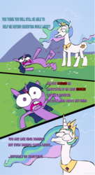 Size: 660x1211 | Tagged: dead source, safe, artist:hydoyezen, king sombra, princess celestia, twilight sparkle, g4, broken leg, comic, dialogue, injured, parody, pilot (rick and morty), rick and morty, sad