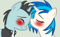 Size: 1024x633 | Tagged: dead source, safe, artist:mylittlepony651, dj pon-3, neon lights, rising star, vinyl scratch, pony, unicorn, g4, base used, blushing, duo, female, forehead kiss, kissing, male, mare, ship:vinylights, shipping, simple background, stallion, straight
