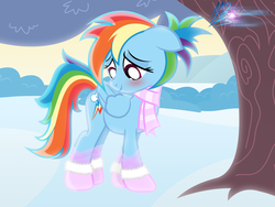 Size: 8000x6000 | Tagged: safe, artist:nightmaremoons, rainbow dash, g4, absurd resolution, blushing, clothes, cute, female, ponytail, scarf, short ponytail, snow, socks, solo