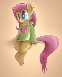 Size: 3046x3833 | Tagged: safe, artist:slackerthehacker, fluttershy, g4, blushing, bottomless, clothes, female, heart, hoodie, partial nudity, sitting, solo, sweater, sweatershy