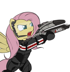 Size: 6670x6910 | Tagged: safe, artist:barrfind, artist:theparagon, fluttershy, pegasus, pony, g4, absurd resolution, armor, badass, bipedal, female, flutterbadass, hmd, mass effect, n7 armor, open mouth, parody, simple background, solo, transparent background