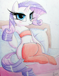 Size: 865x1103 | Tagged: safe, artist:prettypinkpony, rarity, pony, unicorn, g4, armpits, bandeau, bed, belly, belly button, clothes, female, frilly underwear, lingerie, long eyelashes, mare, on bed, socks, solo, thigh highs, underwear