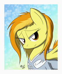 Size: 1613x1913 | Tagged: safe, artist:rb-d, spitfire, pegasus, pony, g4, alternate hairstyle, bedroom eyes, clothes, female, looking at you, racing suit, solo, uniform, wonderbolts uniform