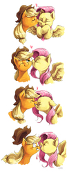 Size: 1359x3507 | Tagged: safe, artist:audrarius, applejack, fluttershy, earth pony, pegasus, pony, bats!, g4, biting, blood, comic, eyes closed, fangs, female, floppy ears, flutterbat, gritted teeth, hat, heart, kissing, lesbian, mare, ouch, ship:appleshy, shipping, smiling, wide eyes, wink