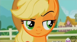 Size: 646x356 | Tagged: safe, edit, screencap, applejack, g4, three's a crowd, female, inverted mouth, solo, unconvinced applejack