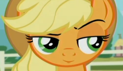 Size: 1127x660 | Tagged: safe, applejack, g4, three's a crowd, female, inverted mouth, solo, unconvinced applejack, wrong aspect ratio