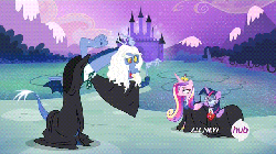 Size: 640x360 | Tagged: safe, screencap, discord, princess cadance, twilight sparkle, alicorn, pony, g4, three's a crowd, animated, blue flu, clothes, female, harry potter (series), mare, sisters-in-law, trio, twilight sparkle (alicorn), twily trotter