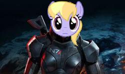 Size: 600x354 | Tagged: safe, cloud kicker, pony head on human body, fanfic:the life and times of a winning pony, winningverse, g4, armor, commander shepard, fanfic, female, femshep, gamer poop, mans1ay3r, mass effect, n7 armor, solo