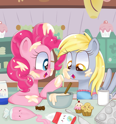 Size: 2397x2558 | Tagged: safe, artist:lucy-tan, derpy hooves, pinkie pie, pegasus, pony, g4, baking, batter, bowl, chocolate chips, cooking, cup, cupcake, derpypie, female, food, friendshipping, frosting, kitchen, mare, messy, milk, muffin, mug, spoon, sugar (food)