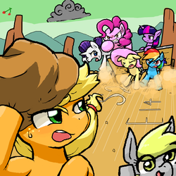 Size: 600x600 | Tagged: safe, artist:yajima, applejack, derpy hooves, fluttershy, pinkie pie, rainbow dash, rarity, twilight sparkle, pegasus, pony, g4, the last roundup, female, mane six, mare, scene interpretation