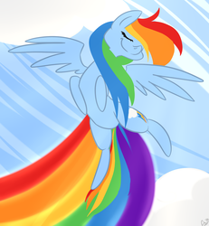 Size: 1234x1334 | Tagged: safe, artist:cee-tee, rainbow dash, pegasus, pony, g4, cloud, eyes closed, female, flying, mare, rainbow trail, sky, smiling, solo