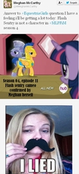 Size: 459x1004 | Tagged: safe, amethyst stone, flash sentry, twilight sparkle, alicorn, pony, g4, three's a crowd, don't believe her lies, drama, equestria girls drama, mccarthy drama, meghan mccarthy, op is trying to start shit, text, trolling, twilight sparkle (alicorn), twitter