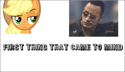 Size: 1359x790 | Tagged: safe, applejack, g4, my little pony: friendship is magic, three's a crowd, dwayne johnson, exploitable meme, make it happen, meme, the people's eyebrow, the rock, unconvinced applejack, wwe