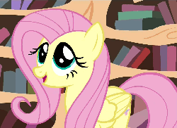 Size: 740x540 | Tagged: safe, edit, screencap, fluttershy, pegasus, pony, g4, three's a crowd, animated, big eyes, book, cute, cutie mark, eye shimmer, eye shimmer edit, female, golden oaks library, hnnng, looking up, shyabetes, solo, weapons-grade cute