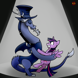 Size: 1000x1000 | Tagged: safe, artist:norang94, discord, twilight sparkle, alicorn, draconequus, pony, g4, three's a crowd, blue flu, dancing, female, hat, male, mare, ship:discolight, shipping, smiling, straight, tango, top hat, twilight sparkle (alicorn)