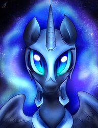 Size: 2000x2600 | Tagged: safe, artist:kyodashiro, nightmare moon, alicorn, pony, g4, ethereal mane, eye shimmer, female, helmet, high res, looking at you, mare, partially open wings, peytral, signature, solo, starry mane, wings