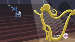 Size: 844x474 | Tagged: safe, screencap, discord, louise the singing harp, g4, my little pony: friendship is magic, three's a crowd, blue flu, harp, musical instrument